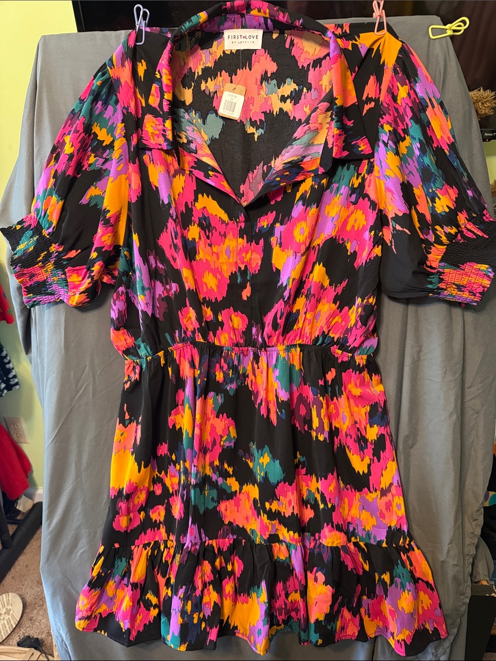 First Love Black Abstract Floral Mini Dress with Pink & Orange Accents